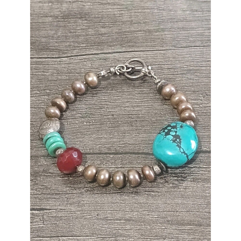 Turquoise Real Pearl Glass Sterling Silver Vintage Bracelet Read Description